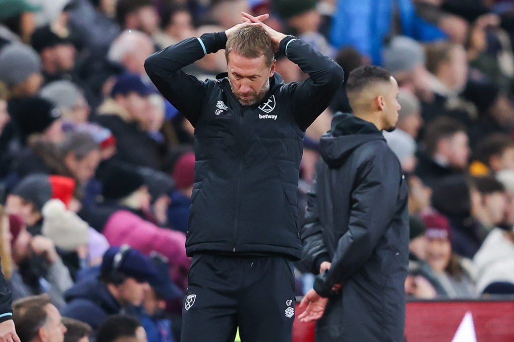 A dejected Graham Potter reacts during West Ham's clash with Aston Villa in the Premier League