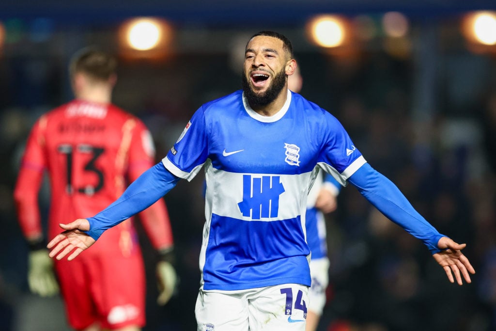 Keshi Anderson celebrates Kieran Dowell's goal for Birmingham City against Cambridge United