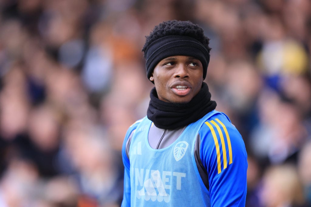 Largie Ramazani warms up for Leeds United against West Brom.