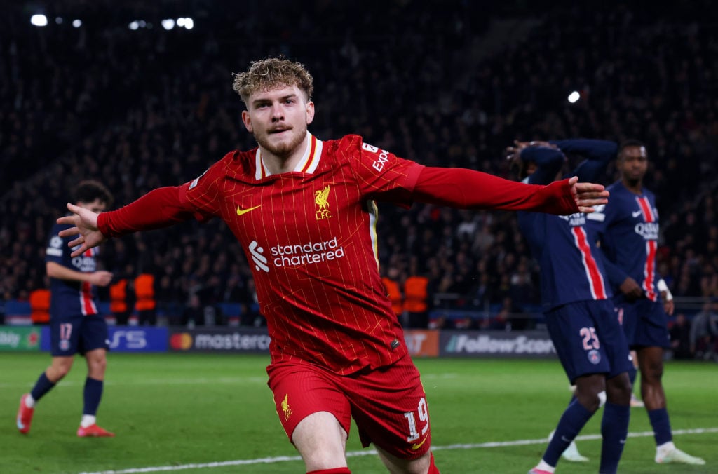 Harvey Elliott celebrates scoring the winner during Paris Saint-Germain v Liverpool FC - UEFA Champions League 2024/25 Round of 16 First Leg