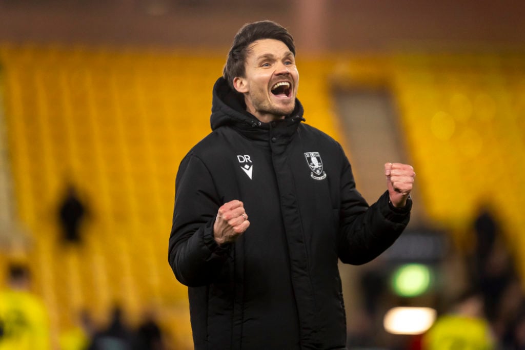 Danny Rohl, celebrates their win with supporters after the Sky Bet Championship match between Norwich City and Sheffield Wednesday