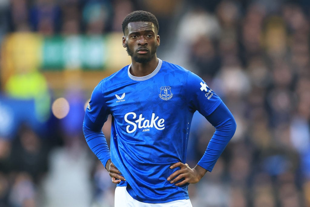 Tim Iroegbunam of Everton reacts during the Premier League match between Everton FC and West Ham United FC