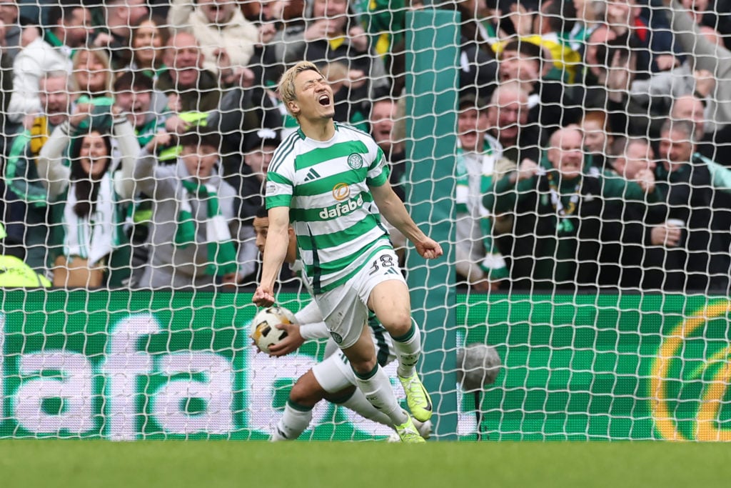 Daizen Maeda celebrates scoring for Celtic against Rangers at Celtic Park