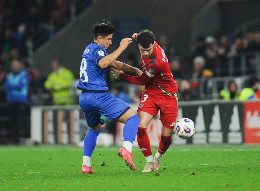 Nico Williams and Dastan Satpaev battles for the ball during Wales v Kazakhstan - European Qualifiers Group J - FIFA World Cup 2026