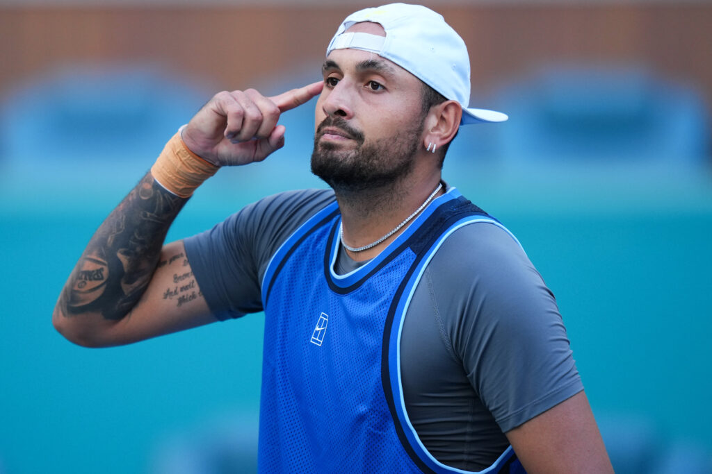 Nick Kyrgios of Australia reacts after defeating Mackenzie McDonald of the United States during their match on Day 2 at Hard Rock Stadium on March 19, 2025 in Miami Gardens, Florida.