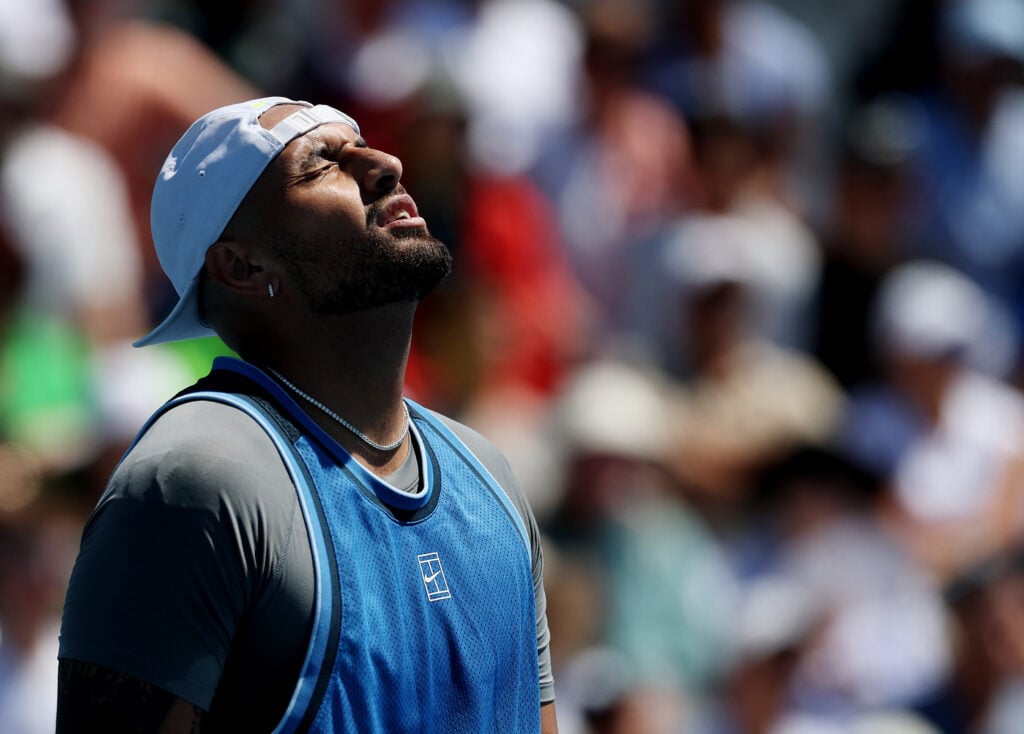 Nick Kyrgios of Australia reacts to a lost point against Karen Khachanov during Day 4 of the Miami Open at Hard Rock Stadium.
