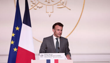 France's President Emmanuel Macron delivers a speech during the Jean-Pierre Bloch award ceremony of the International League Against Racism and Anti-Semitism (LICRA), at the Elysee palace in Paris, on April 2, 2025. (Photo by Thibaud MORITZ / AFP) (Photo by THIBAUD MORITZ/AFP via Getty Images)