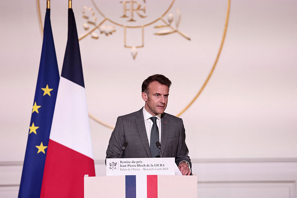 France's President Emmanuel Macron delivers a speech during the Jean-Pierre Bloch award ceremony of the International League Against Racism and Anti-Semitism (LICRA), at the Elysee palace in Paris, on April 2, 2025. (Photo by Thibaud MORITZ / AFP) (Photo by THIBAUD MORITZ/AFP via Getty Images)