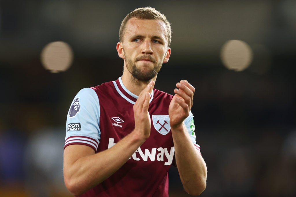 West Ham player Tomas Soucek applauds the fans after a Premier League match against Wolves.