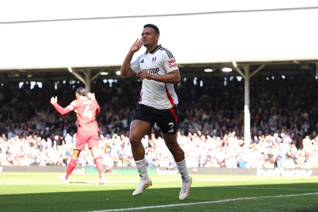 Rodrigo Muniz celebrates a goal for Fulham vs Liverpool.