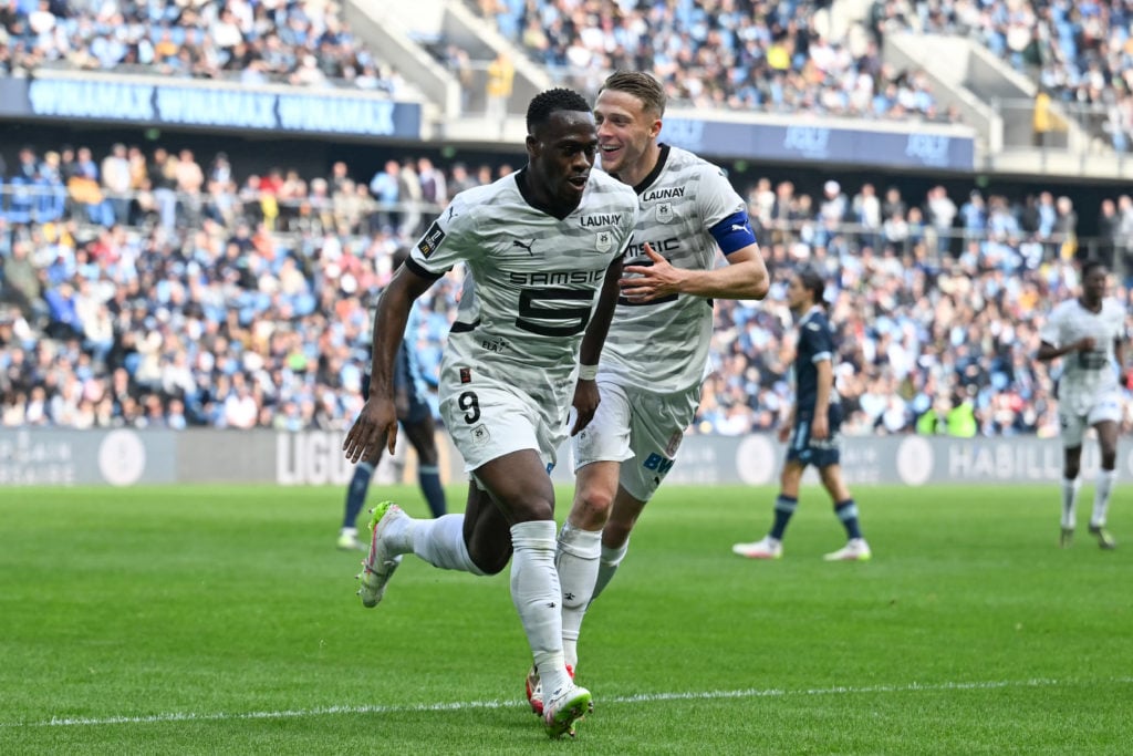 Rennes striker and Tottenham Hotspur transfer target Arnaud Kalimuendo scores during Ligue 1 game.