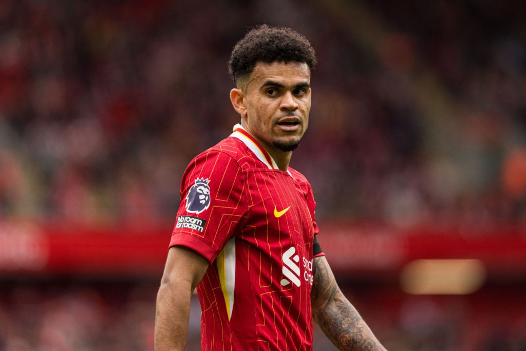 Liverpool's Luis Diaz plays during the Premier League match between Liverpool and West Ham United at Anfield