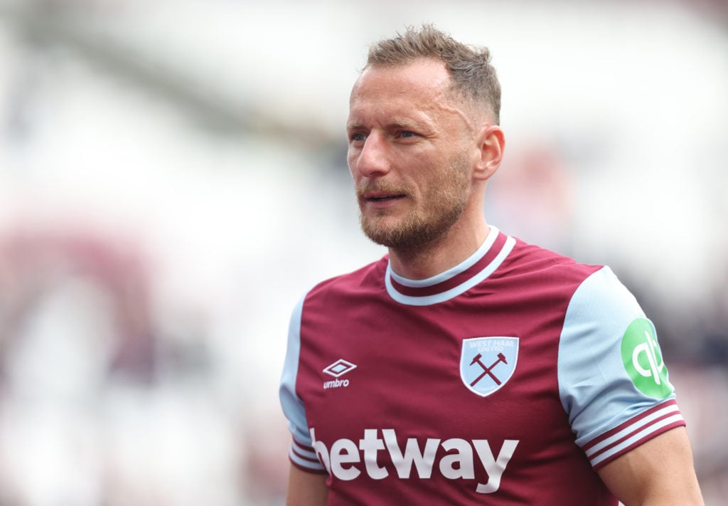 Vladimir Coufal playing in a Premier League match for West Ham against Tottenham Hotspur.