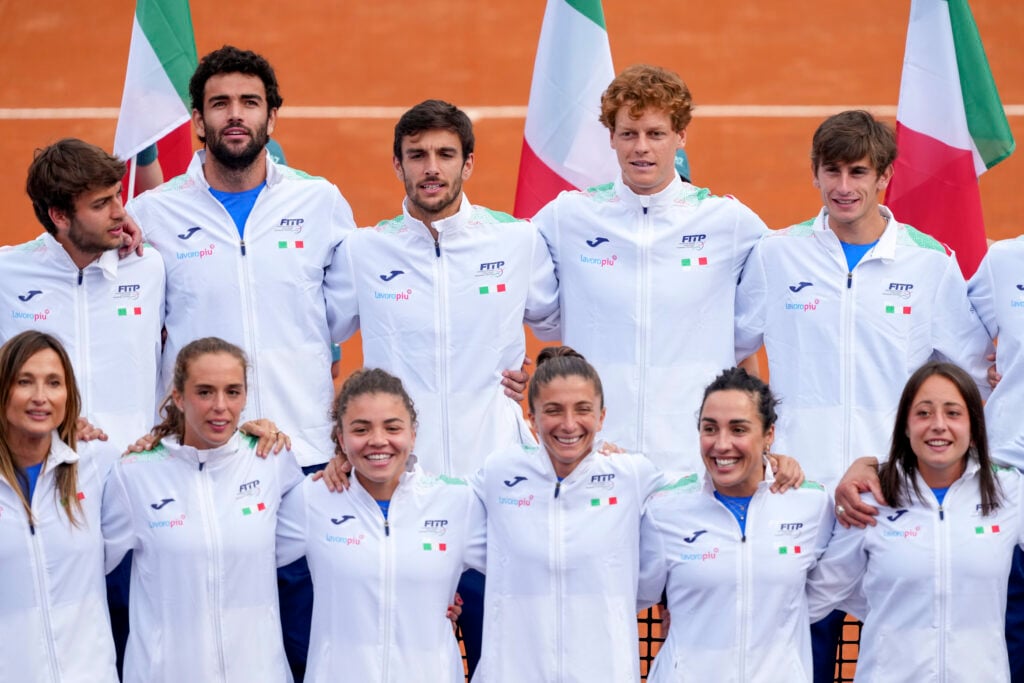talian tennis players and staff members celebrate the victory of the 2024 Davis cup and Billie Jean King cup during the Internazionali BNL d'Italia 2025 tennis tournament at Foro Italico.