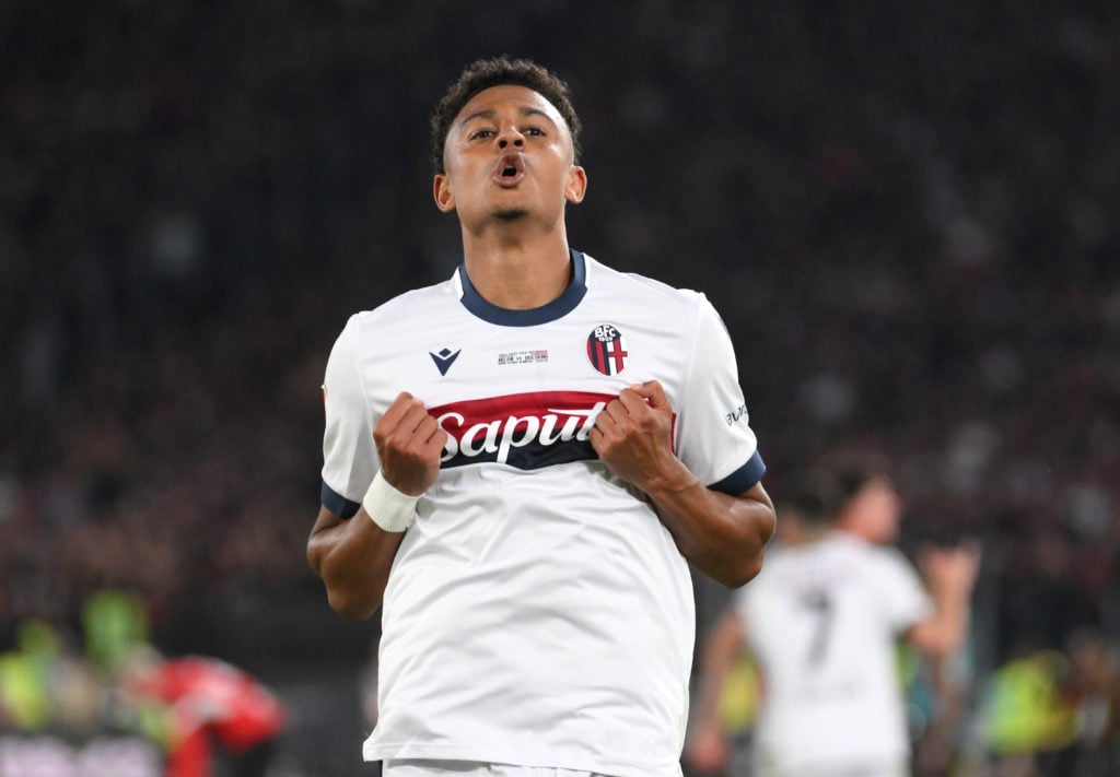 Dan Ndoye of Bologna celebrates scoring his team's first goal during the Coppa Italia Final match between AC Milan and Bologna at Stadio Olimpico on May 14, 2025