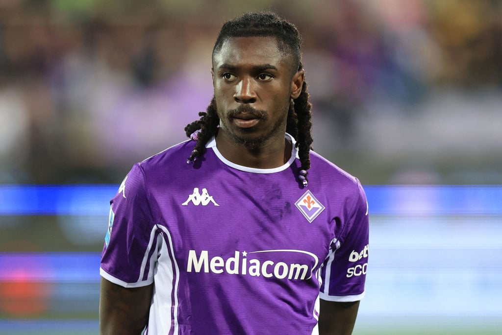 Fiorentina striker Moise Kean lines up before facing Bologna in Serie A.