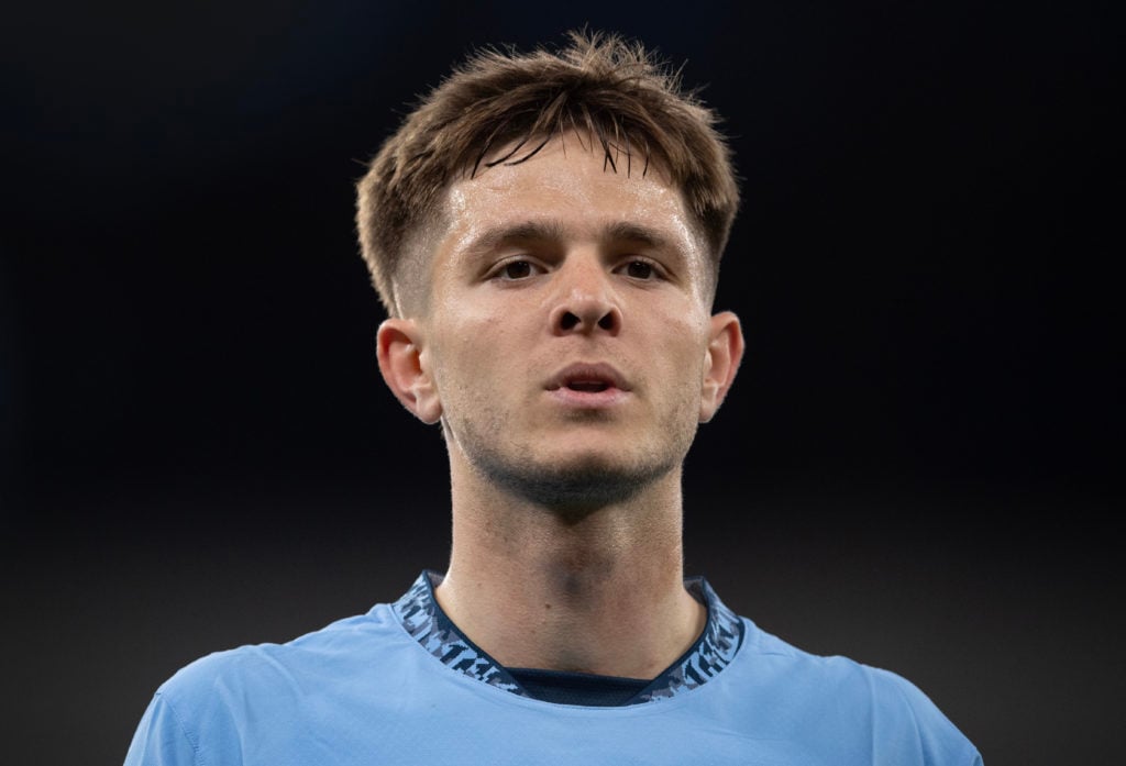 Close up image of James McAtee in action for Manchester City.
