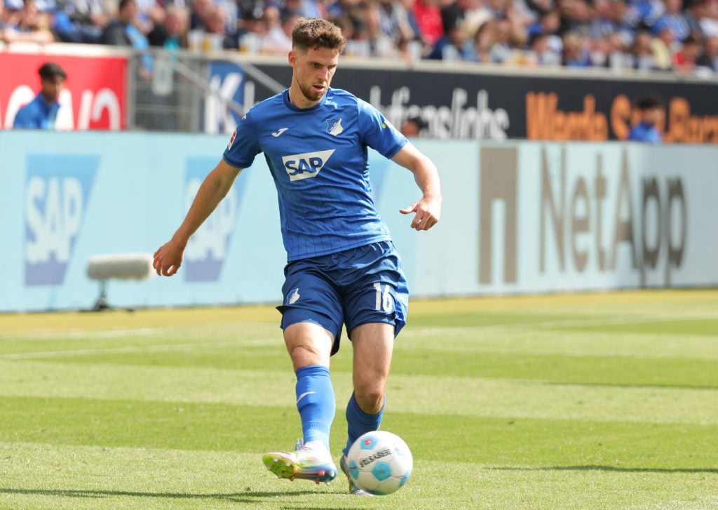 Anton Stach of TSG 1899 Hoffenheim plays the ball during the Bundesliga match between TSG 1899 Hoffenheim and FC Bayern Munich at the PreZero-Arena on May 17, 2025