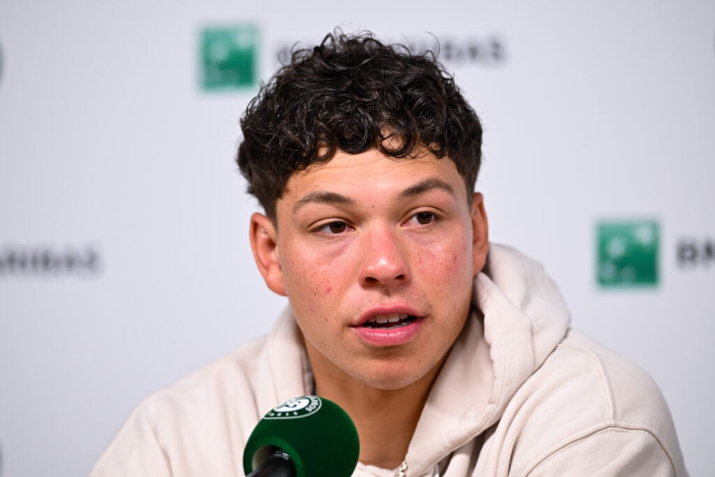 Ben Shelton of the United States attends a press conference ahead of the 2025 French Open at Roland Garros.