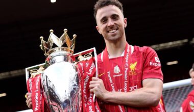 Diogo Jota of Liverpool poses for a photograph with the Premier League trophy, as Liverpool are crowned the Champions of the Premier League, following the Premier League match between Liverpool FC and Crystal Palace FC at Anfield on May 25, 2025 in Liverpool, England. (Photo by Liverpool FC/Liverpool FC via Getty Images)