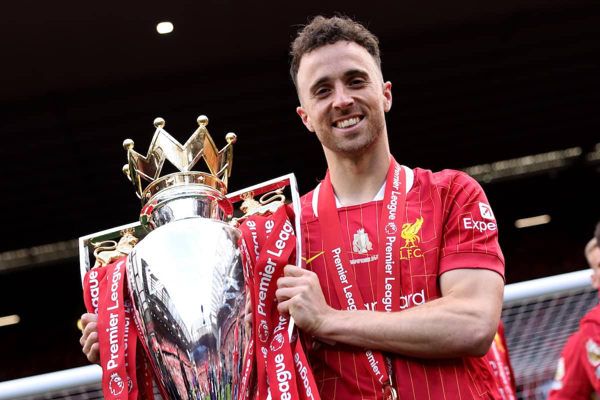 Diogo Jota of Liverpool poses for a photograph with the Premier League trophy, as Liverpool are crowned the Champions of the Premier League, following the Premier League match between Liverpool FC and Crystal Palace FC at Anfield on May 25, 2025 in Liverpool, England. (Photo by Liverpool FC/Liverpool FC via Getty Images)