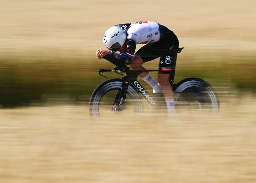 Tadej Pogacar riding a time trial during the 2025 Criterium du Dauphine.