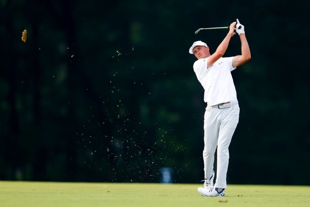 Jordan Spieth hits an approach shot during the first round of the US Open
