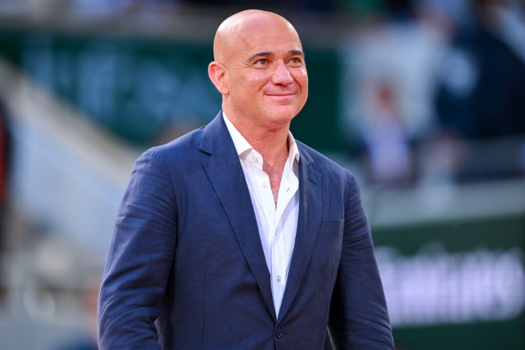 Andre Agassi looks on after the 2025 French Open final