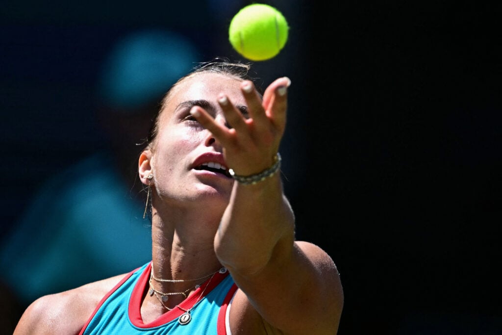 Aryna Sabalenka prepares to serve the ball to Marketa Vondrousova at the 2025 Berlin Open