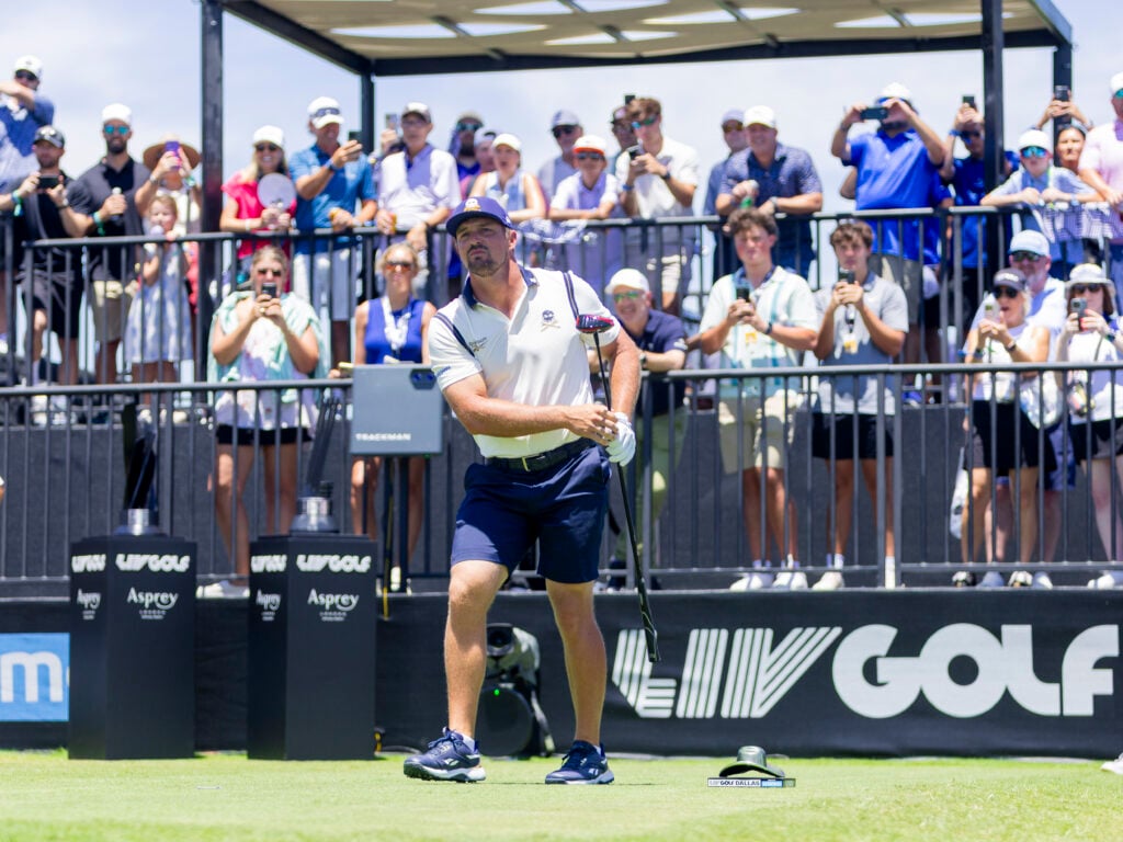 Bryson DeChambeau hits his tee shot during the second round of LIV Golf Dallas