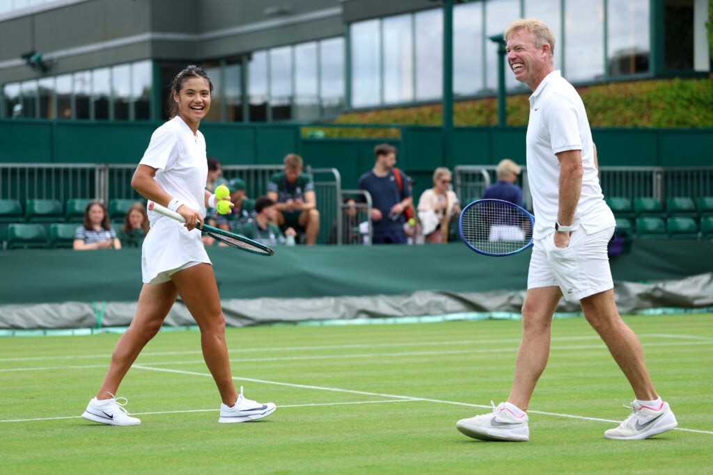 Aryna Sabalenka and Mark Petchey both laugh