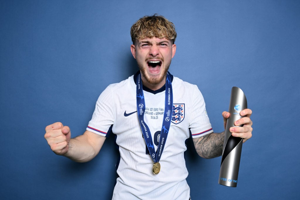 Harvey Elliott celebrates winning player of the tournament after leading England to Euro Under 21s glory