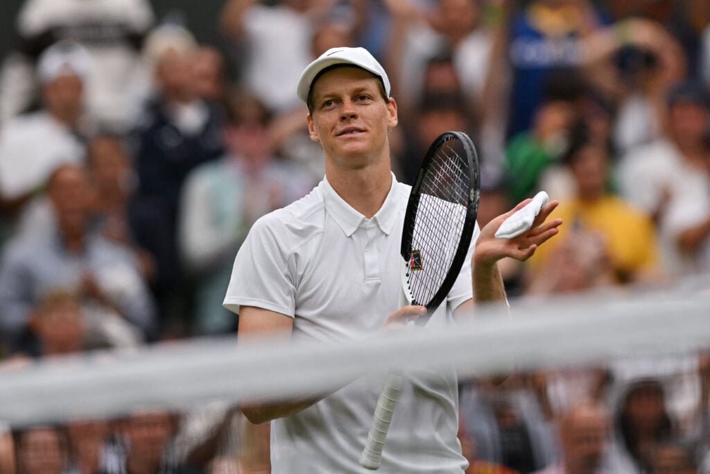 Jannik Sinner celebrates his win over Pedro Martinez at Wimbledon in 2025.