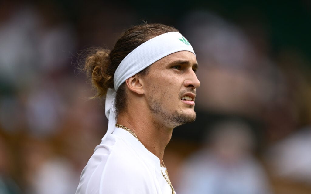 Alexander Zverev looks on during his defeat to Arthur Rinderknech at Wimbledon in 2025