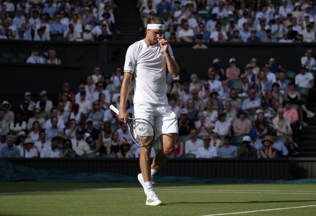 Alexander Zverev reacts during his first round match at Wimbledon in 2025
