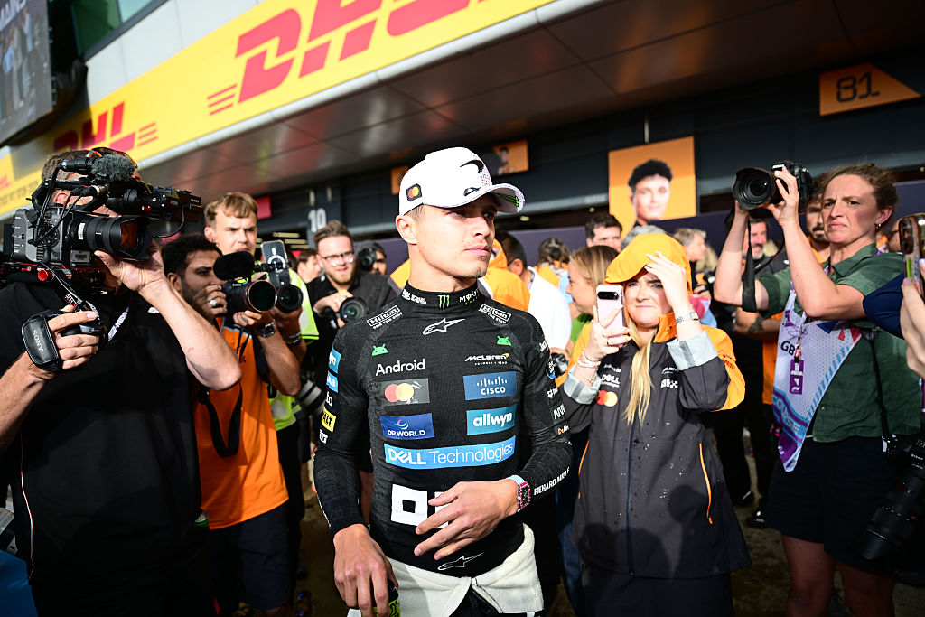 Lando Norris of the McLaren F1 Team celebrates victory during the 13th round of the Formula 1 World Championship at Silverstone Circuit in Silverstone, Northamptonshire, England, on July 6, 2025. (Photo by Andrea Diodato/NurPhoto via Getty Images)