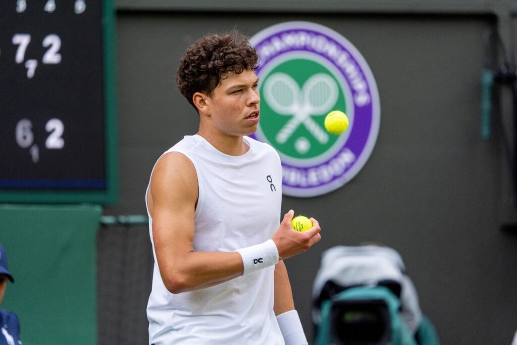Ben Shelton of United States of America during Day Eight of The Championships Wimbledon 2025 at All England Lawn Tennis and Croquet Club.