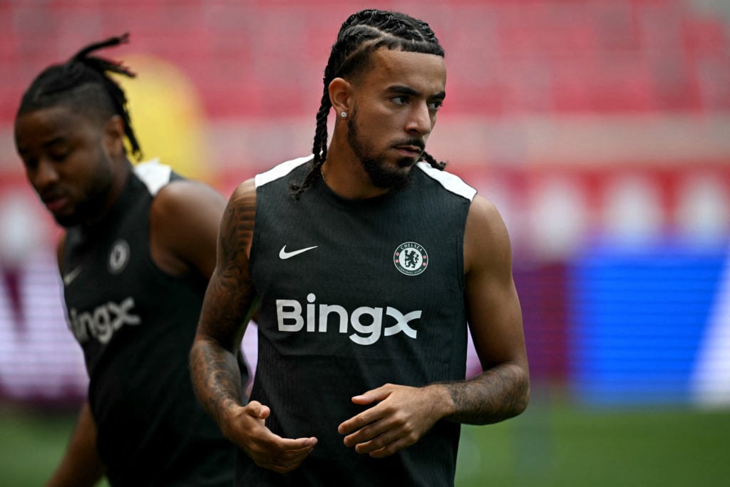 Malo Gusto takes part in a Chelsea training session