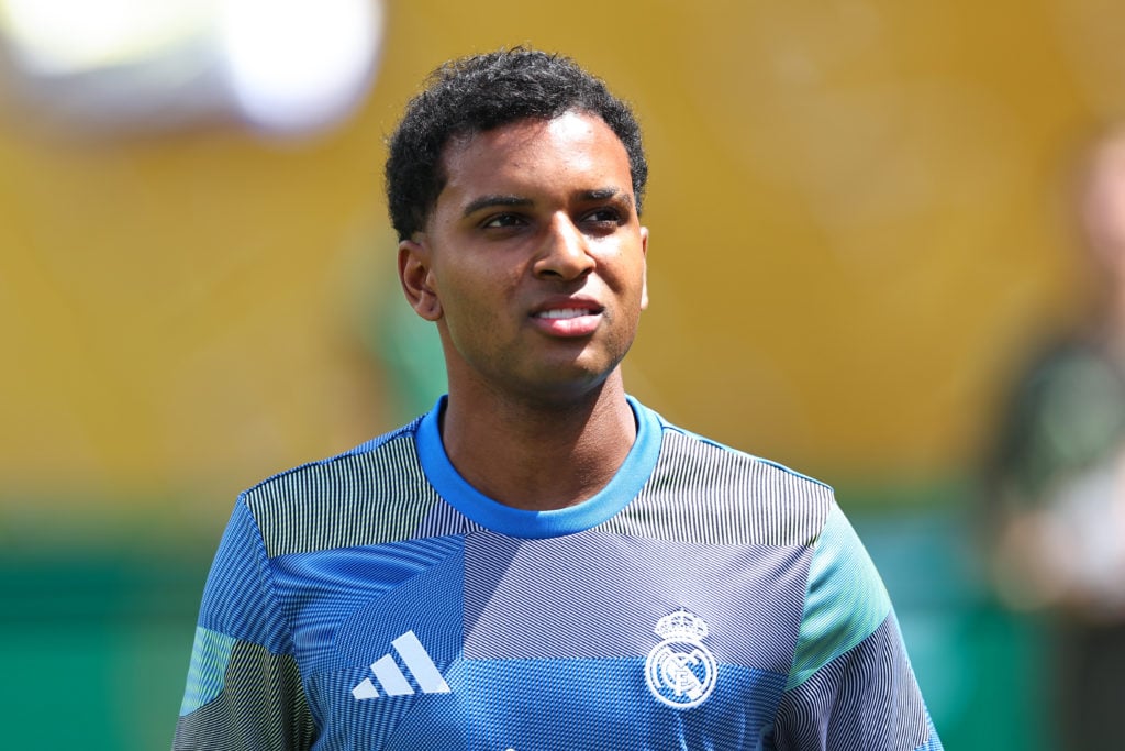 Real Madrid attacker Rodrygo seen warming up for their FIFA Club World Cup game against PSG.