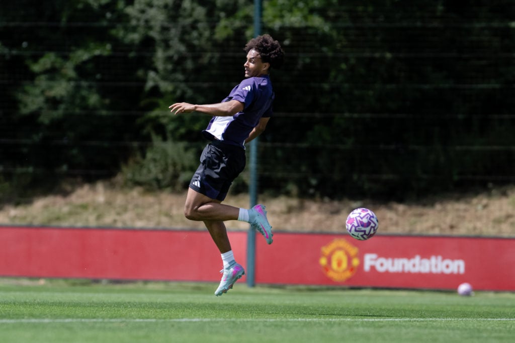 Joshua Zirkzee in the middle of scoring back-heel flick goal during Manchester United training.