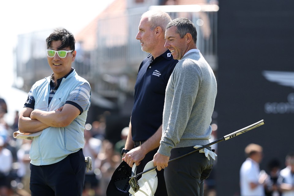 NORTH BERWICK, SCOTLAND - JULY 09: Rory McIlroy of Northern Ireland looks on alongside Jae Youl Kim and Chris Hewitt during the pro-am prior to the Genesis Scottish Open 2025 at The Renaissance Club on July 09, 2025 in North Berwick, Scotland. (Photo by Christian Petersen/Getty Images)