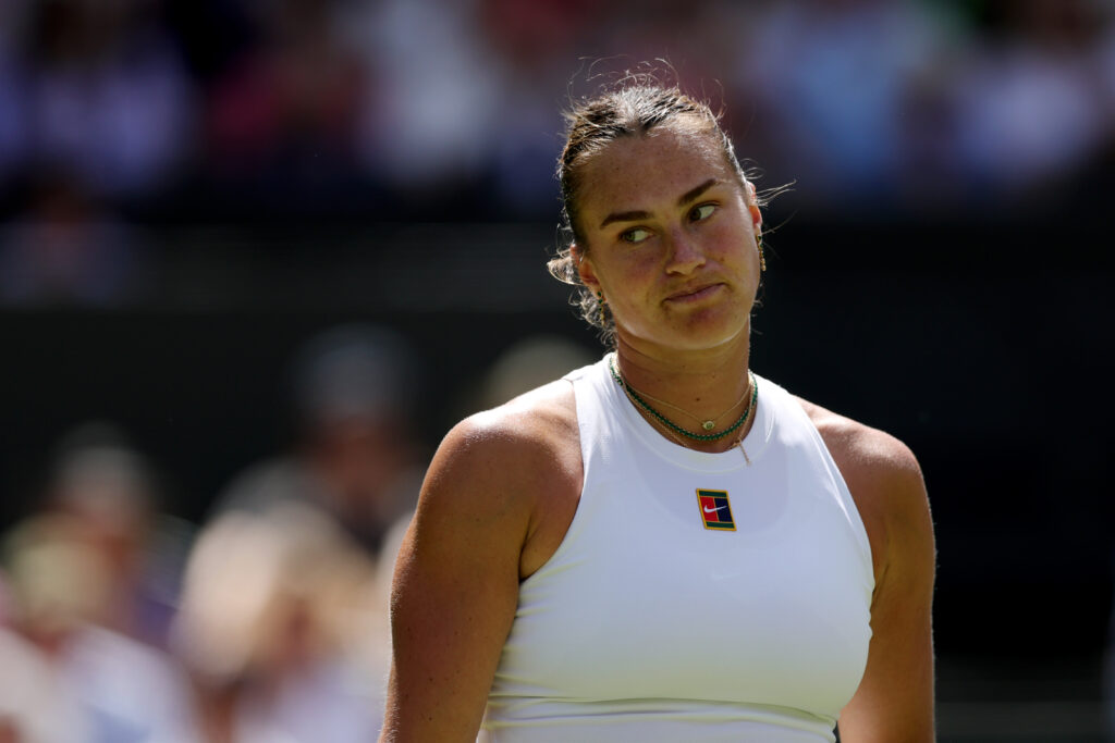 Aryna Sabalenka reacts against Amanda Anisimova of United States during the Ladies' Singles semi-final on day eleven of The Championships Wimbledon 2025 at All England Lawn Tennis and Croquet Club on July 10, 2025 in London, England.