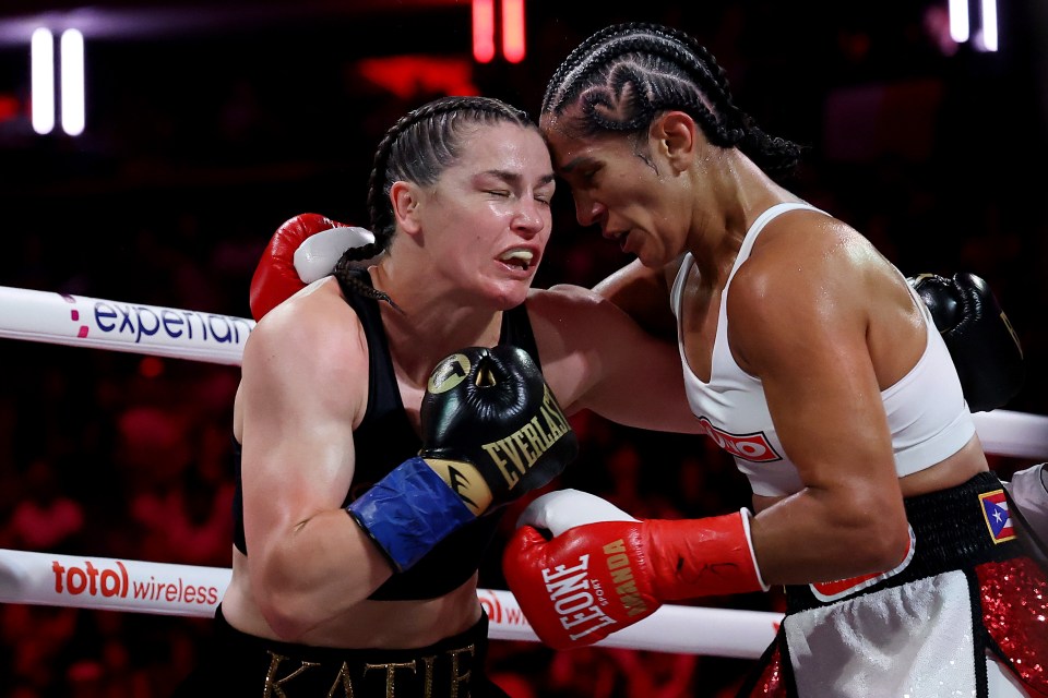 NEW YORK, NEW YORK - JULY 11: (R-L) Amanda Serrano and Katie Taylor fight in their undisputed IBF, WBA, WBC, WBO, and Ring super lightweight championship bout during Netflix's Katie Taylor vs Amanda Serrano 3 at Madison Square Garden on July 11, 2025 in New York City. (Photo by Sarah Stier/Getty Images for Netflix)