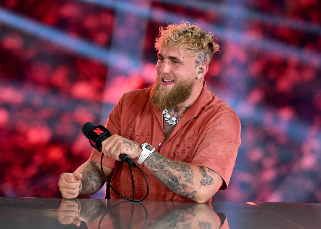 Jake Paul speaks during the broadcast of Katie Taylor vs Amanda Serrano 3