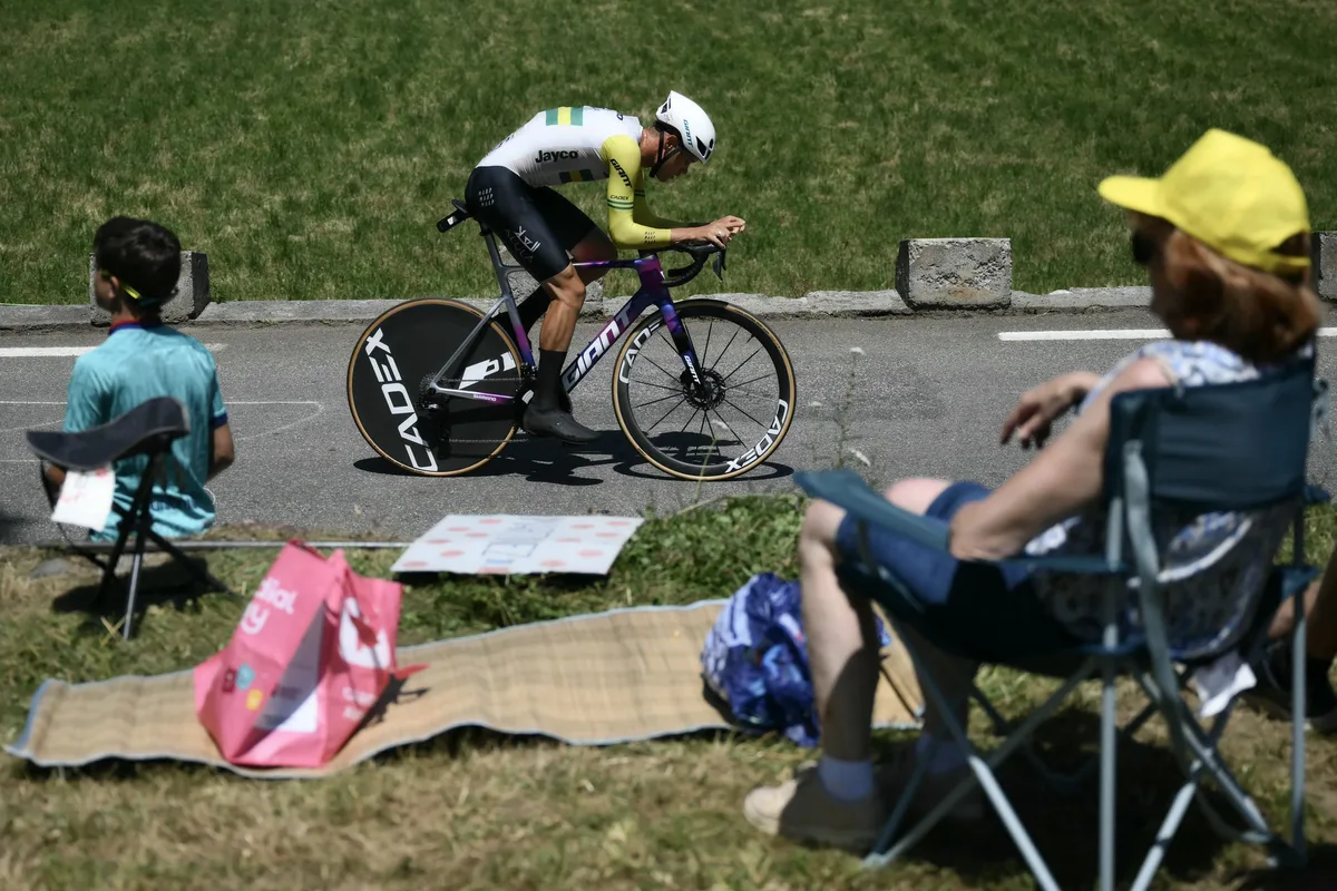 Team Jayco AlUla team's Australian rider Luke Plapp cycles during the 13th stage of the 112th edition of the Tour de France cycling race, 10.9 km individual time trial between Loudenvielle and Peyragudes, in the Pyrenees mountains of southwestern France, on July 18, 2025. (Photo by Marco BERTORELLO / AFP) (Photo by MARCO BERTORELLO/AFP via Getty Images)