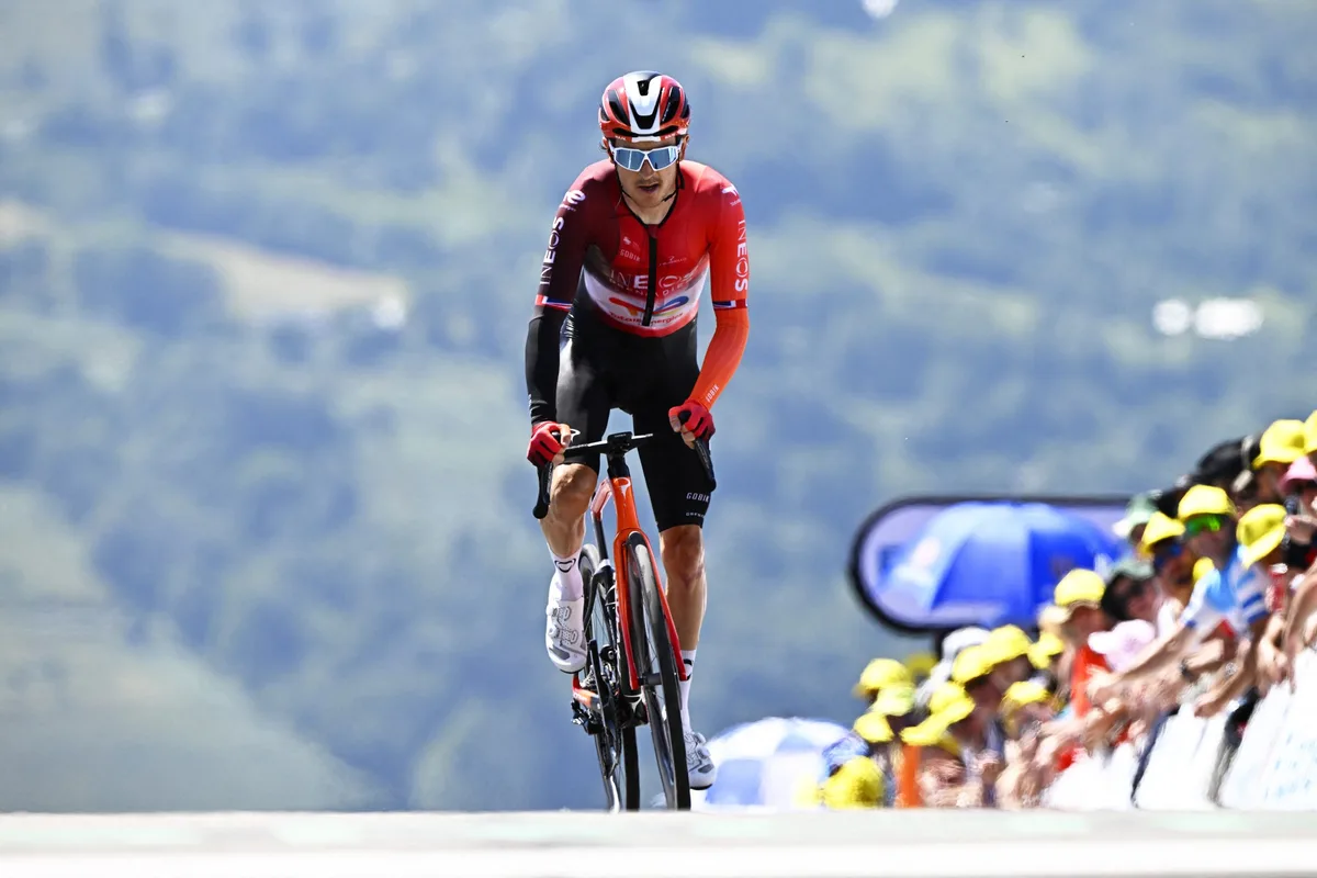 British Geraint Thomas of INEOS Grenadiers pictured at the finish of stage 13 of the 2025 Tour de France cycling race, an 11km individual time trial from Loudenvielle to Peyragudes, on Friday 18 July 2025 in France. The 112th edition of the Tour de France starts on Saturday 5 July in Lille, France, and will finish in Paris, France on the 27th of July. BELGA PHOTO JASPER JACOBS (Photo by JASPER JACOBS / BELGA MAG / Belga via AFP) (Photo by JASPER JACOBS/BELGA MAG/AFP via Getty Images)