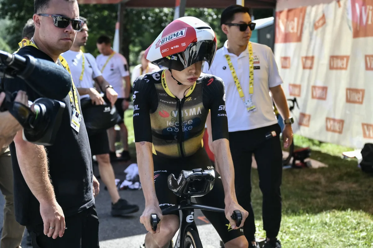 Team Visma - Lease a bike team's Danish rider Jonas Vingegaard awaits the start of the 13th stage of the 112th edition of the Tour de France cycling race, 10.9 km individual time trial between Loudenvielle and Peyragudes, in the Pyrenees mountains of southwestern France, on July 18, 2025. (Photo by Marco BERTORELLO / AFP) (Photo by MARCO BERTORELLO/AFP via Getty Images)
