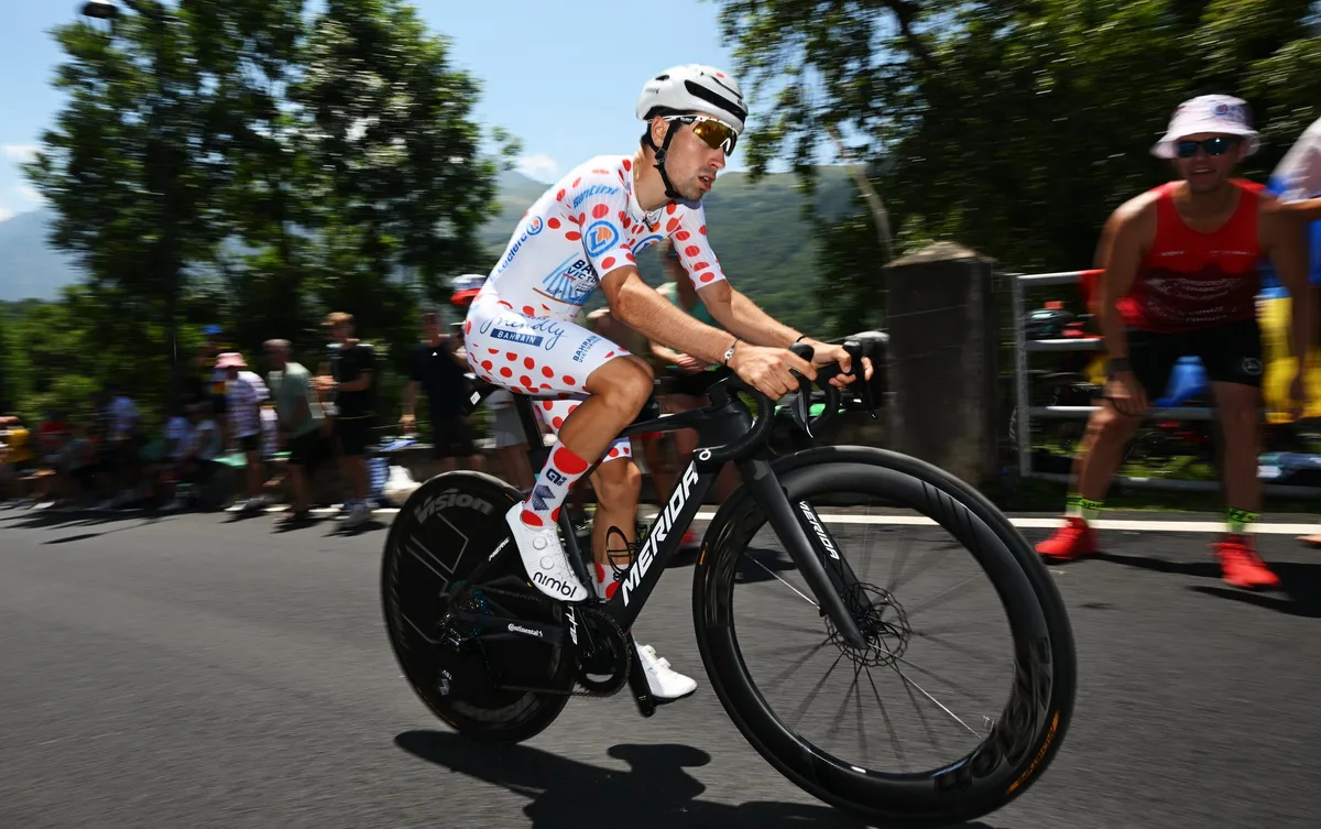 PEYRAGUDES, FRANCE - JULY 18: Lenny Martinez of France and Team Bahrain - Victorious - Polka Dot Mountain Jersey competes during the 112th Tour de France 2025, Stage 13 a 10.9km individual time trial stage from Loudenvielle to Peyragudes 1561m / #UCIWT / on July 18, 2025 in Peyragudes, France. (Photo by Dario Belingheri/Getty Images)