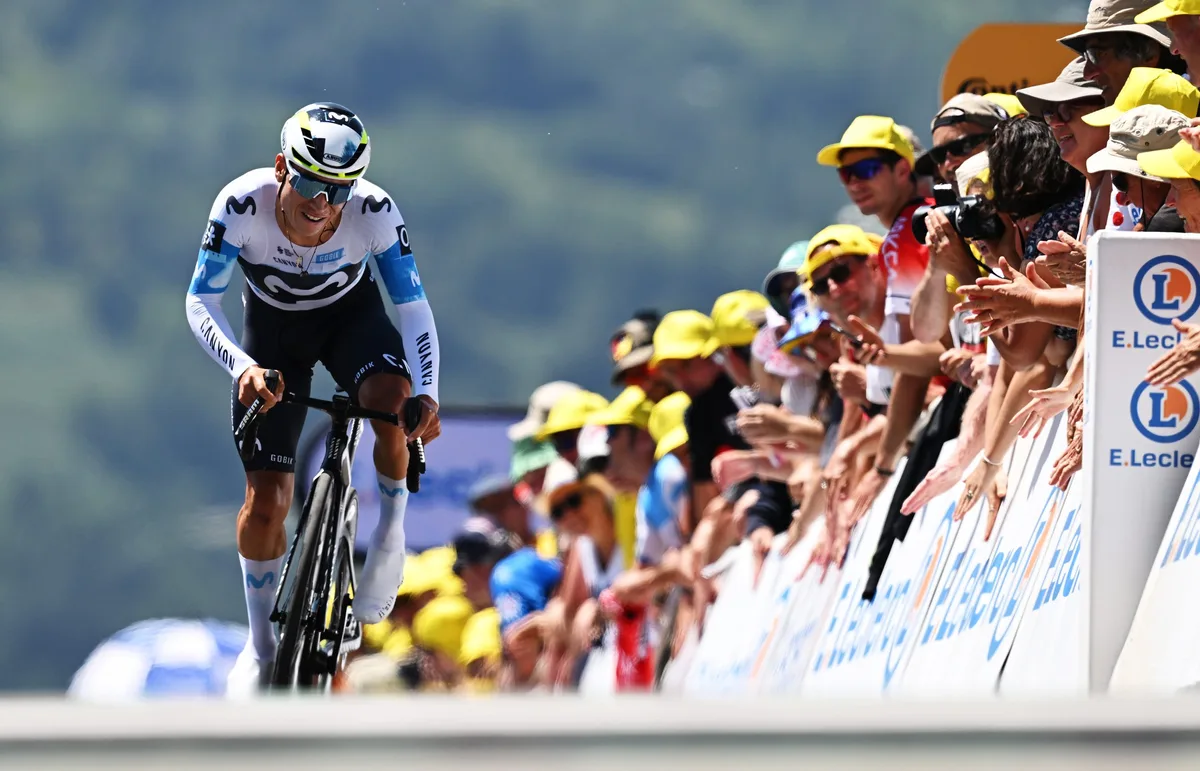 PEYRAGUDES, FRANCE - JULY 18: Einer Rubio of Colombia and Team Movistar crosses the finish line during the 112th Tour de France 2025, Stage 13 a 10.9km individual time trial stage from Loudenvielle to Peyragudes 1561m / #UCIWT / on July 18, 2025 in Peyragudes, France. (Photo by Tim de Waele/Getty Images)