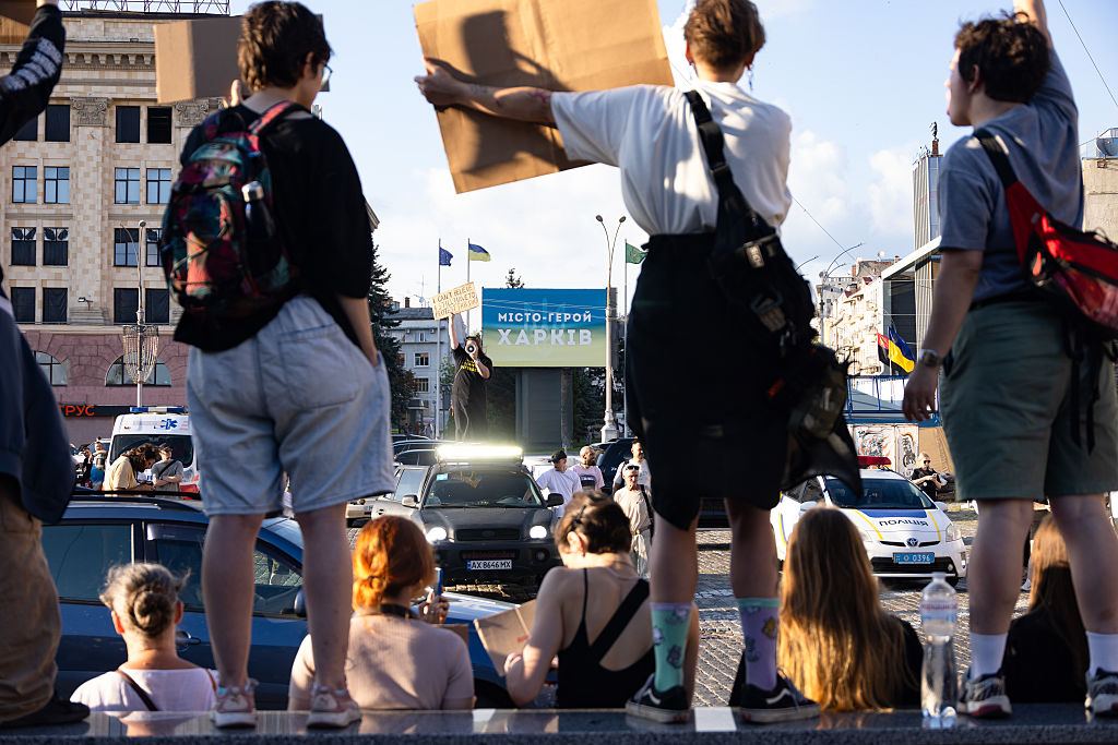 Thousands of residents of Kharkiv are seen on Main Street during a protest against a new bill curtailing anti-corruption agencies on July 23, 2025 in Kharkiv, Ukraine. The Ukrainian parliament recently passed a law endowing a president-appointed prosecutor general with control over the investigations and cases handled by the National Anti-Corruption Bureau of Ukraine (NABU) and the Specialized Anti-Corruption Prosecutor's Office (SAPO). The protests, which accuse the government of undermining anti-corruption efforts in the country, are the first significant protests against President Volodymyr Zelensky since Ukraine was invaded by Russia in February 2022.